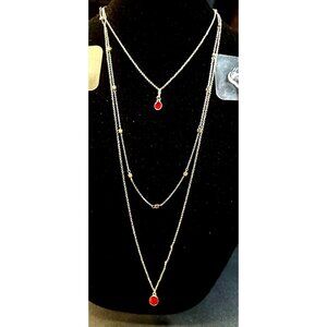 Paparazzi Silver Layered Necklace & Earrings Set With Red Gem Accents